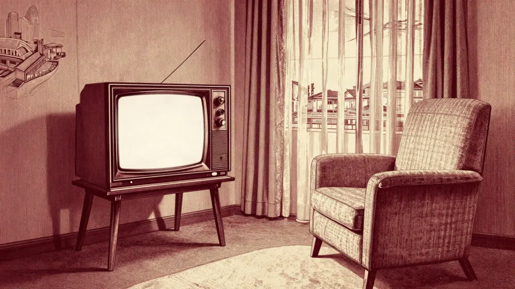 夕方の居間に置かれた古いテレビと、誰も座っていない椅子